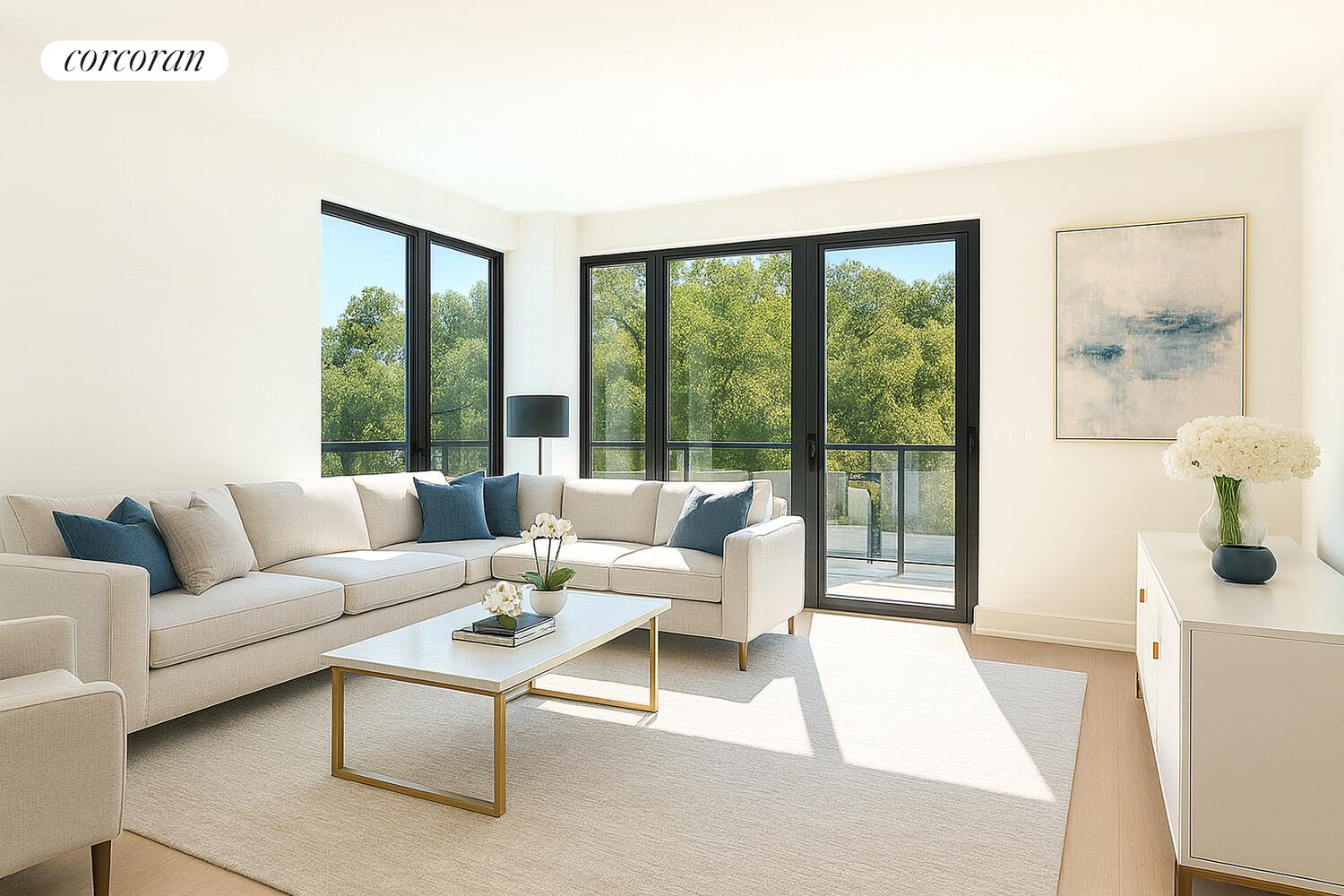 a living room with furniture and a floor to ceiling window