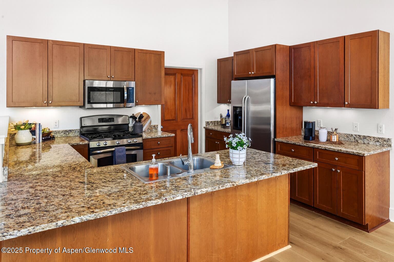 435 Jody Road Basalt, CO 81621 - Photo 8 of 29 a kitchen with stainless steel appliances granite countertop a sink refrigerator and microwave