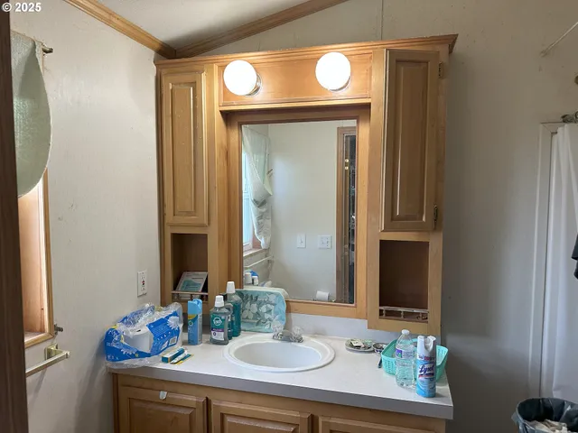 a bathroom with a sink and a mirror