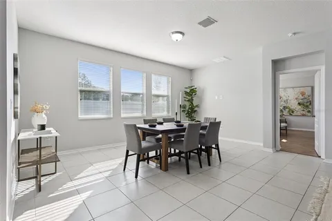 a view of a dining room with furniture window and outside view