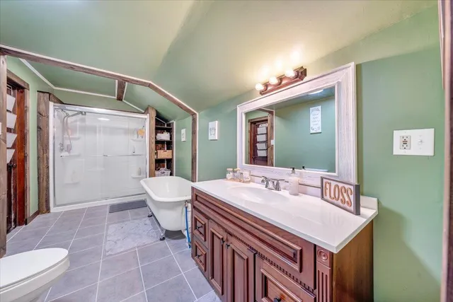 a bathroom with a double vanity sink toilet and shower