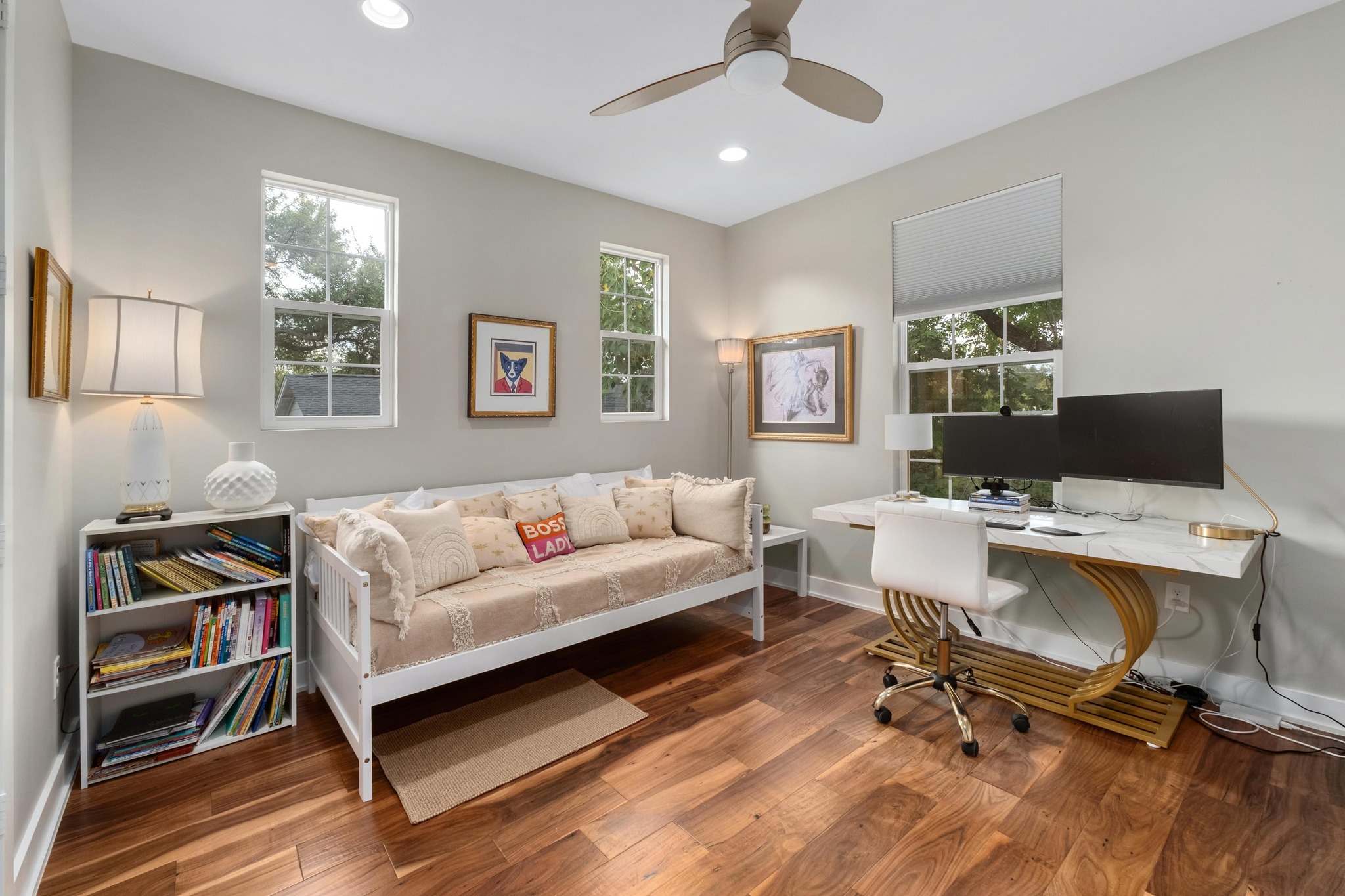 3302 Funston Street Austin, TX 78703 - Photo 20 of 35 Home office featuring wood finished floors, recessed lighting, and a ceiling fan