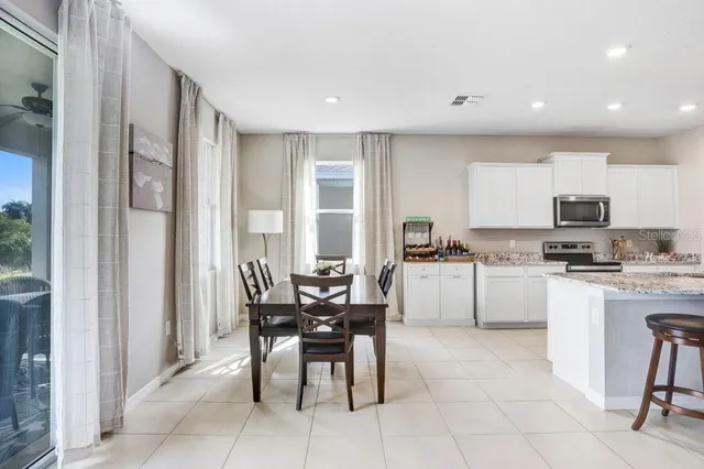 a view of a dining room with furniture window and outside view