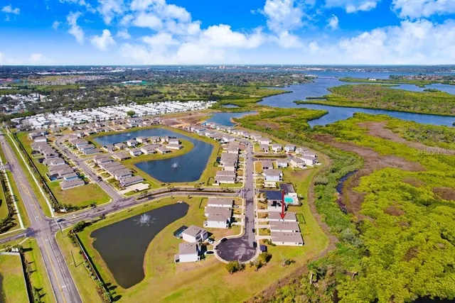 an aerial view of residential houses with outdoor space