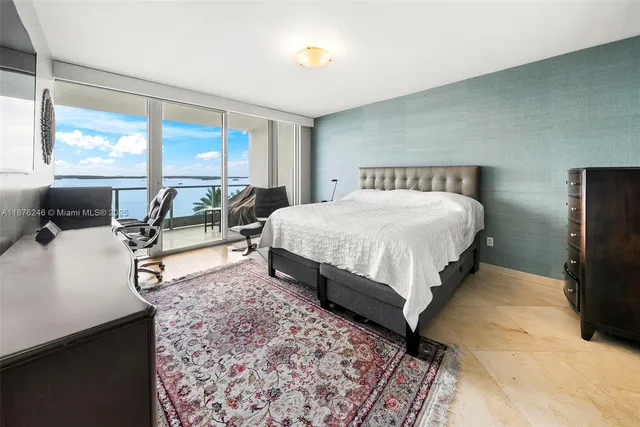 a spacious bedroom with a bed and large windows