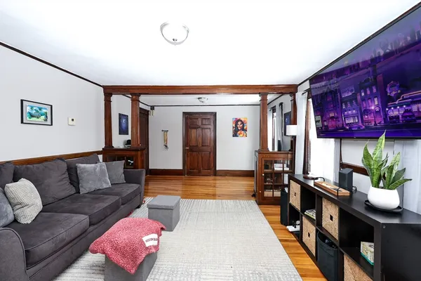 a living room with furniture and a potted plant
