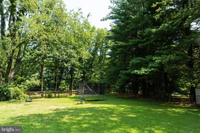 a view of a swimming pool with a big yard and large trees
