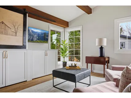 a living room with furniture a rug and a window