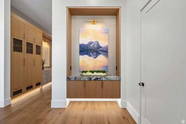 2867 East Granite Way St. George, UT 84790 - Photo 55 of 69 Built-in alcove with a polished stone countertop and wood-finish cabinetry, illuminated by integrated lighting and a wall-mounted fixture