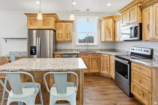 1009 High Creek Road Cove, UT 84320 - Photo 54 of 79 ADU Kitchen with stainless steel appliances, a kitchen bar, light brown cabinetry, light wood-style flooring, and recessed lighting
