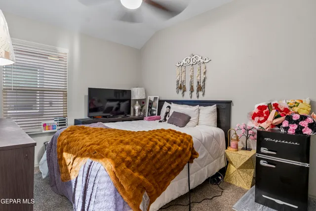 a bedroom with a bed and a tv