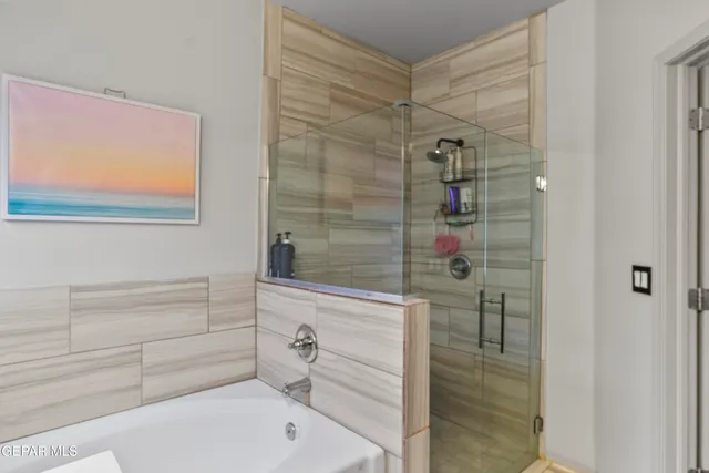 a bathroom with a bathtub and shower
