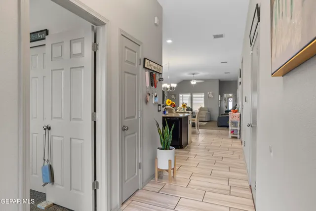 a view of a hallway with a furniture