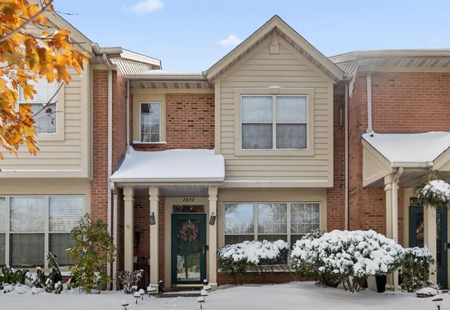 a view of a house with potted plants and more windows