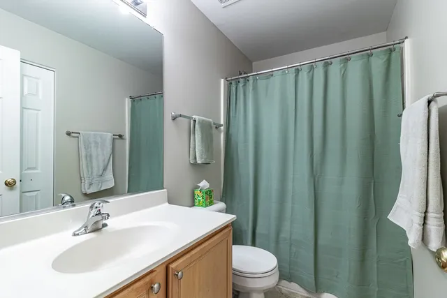 a bathroom with a sink a toilet a mirror and shower