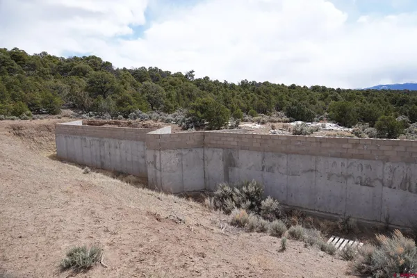 a view of a dry yard with wooden fence