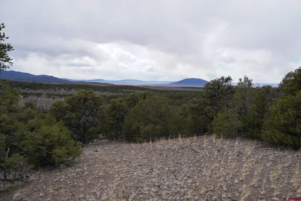 a view of a town with mountains in the background