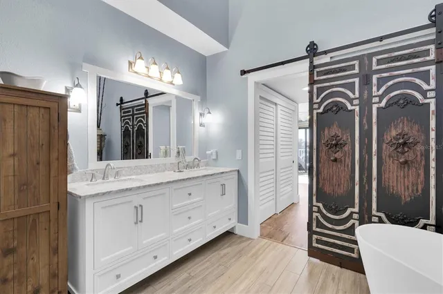 a bathroom with a sink a mirror and a shower