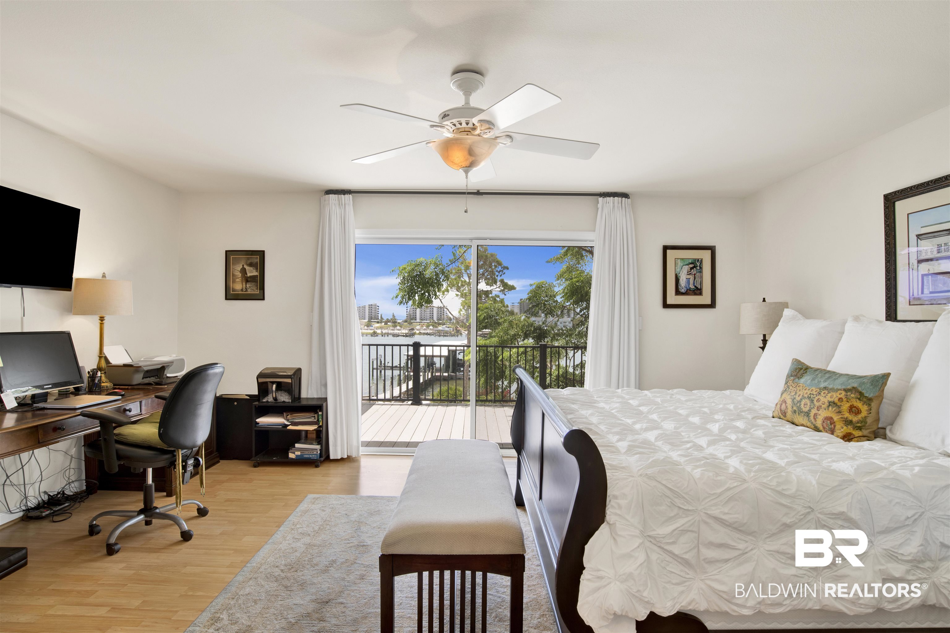 30538 River Road Orange Beach, AL 36561 - Photo 31 of 78 Bedroom with access to exterior, a desk, light wood-style flooring, and ceiling fan