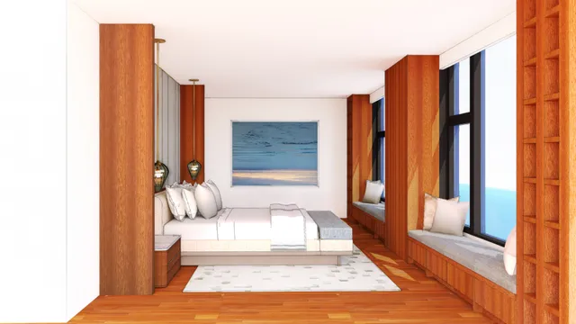 a living room with large windows and a rug