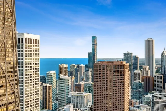 a city view with tall buildings