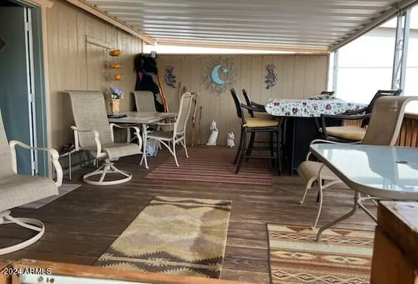 a view of a dining room with furniture