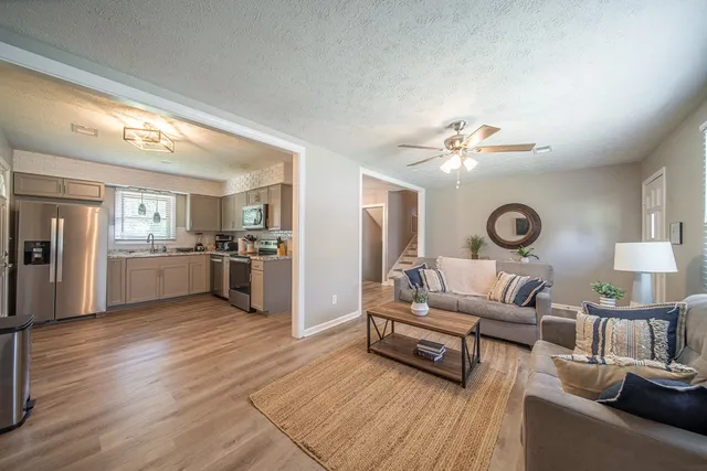 a living room with furniture and a potted plant