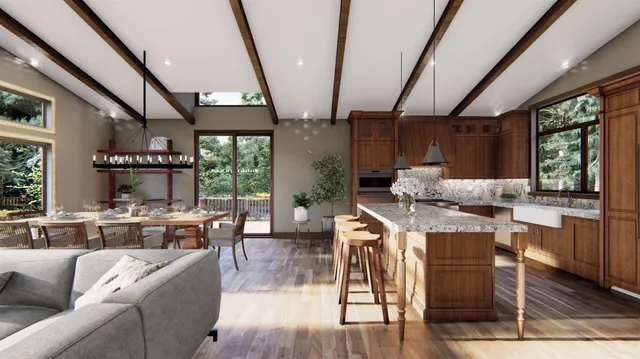 a living room with stainless steel appliances granite countertop furniture wooden floor and large window