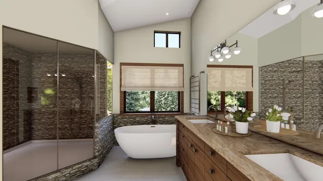 a bathroom with a granite countertop sink a large mirror and a bathtub