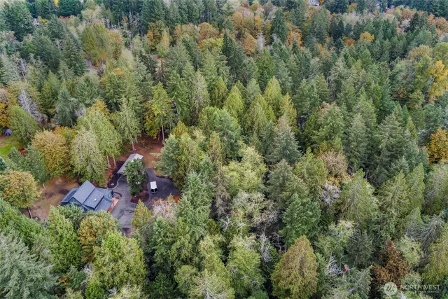 an aerial view of residential house with outdoor space and trees all around