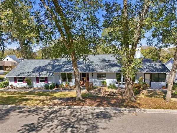 a front view of a house with a large tree