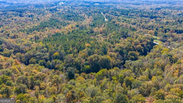 an aerial view of residential houses with outdoor space and trees