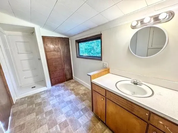 a bathroom with a sink a mirror and a shower