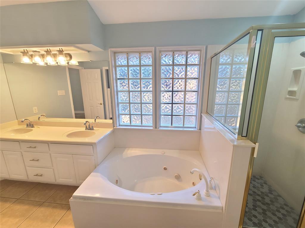 8921 Bontura Road Granbury, TX 76049 - Photo 19 of 26 a bathroom with a tub a sink and a large mirror