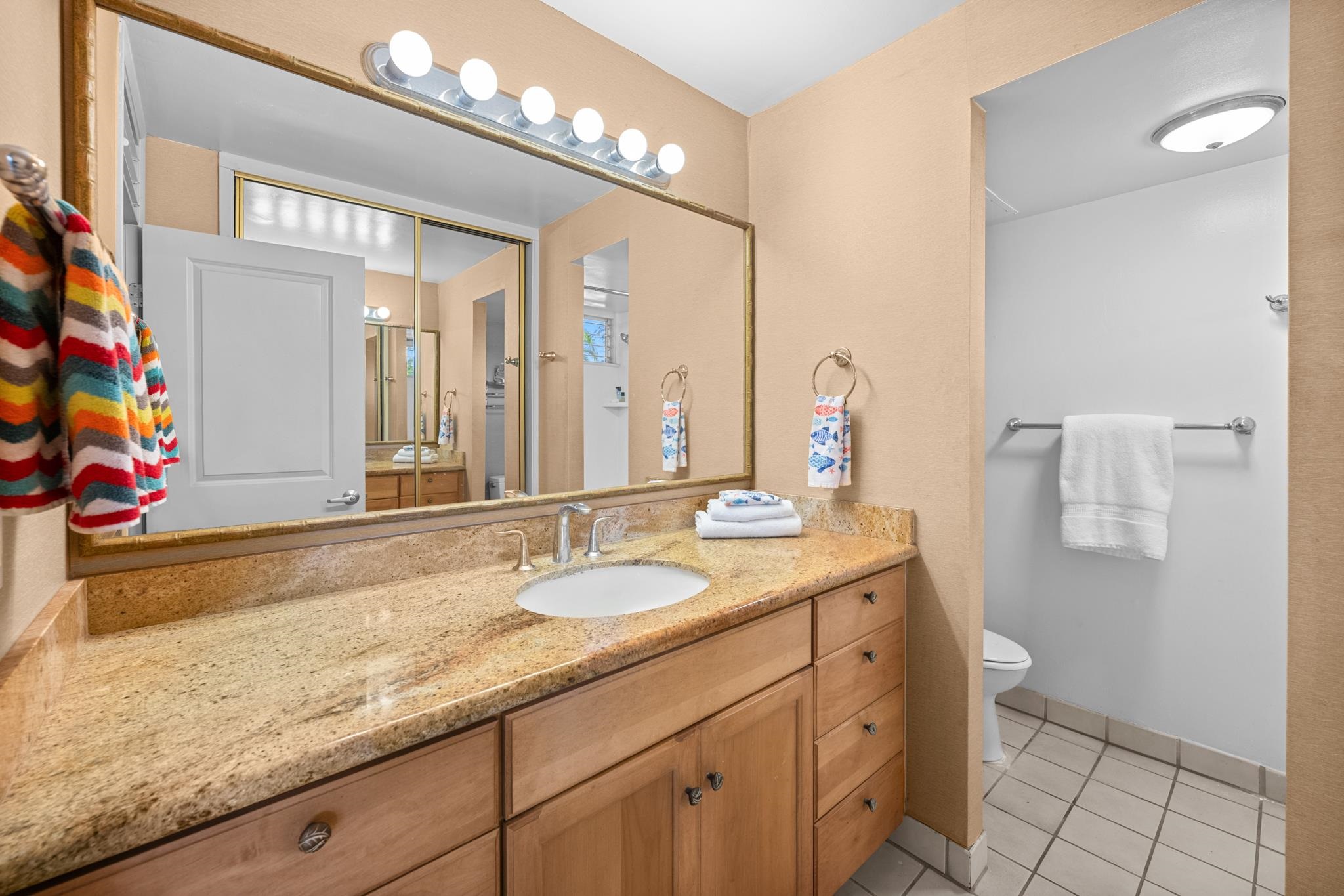 5315 Lower Honoapiilani Road, Unit D128 Lahaina, HI 96761 - Photo 13 of 24 a bathroom with a granite countertop sink a toilet and a mirror