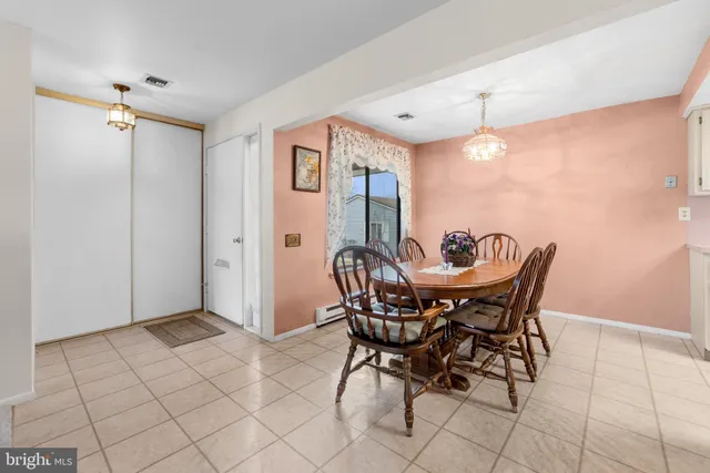 a view of a dining room with furniture