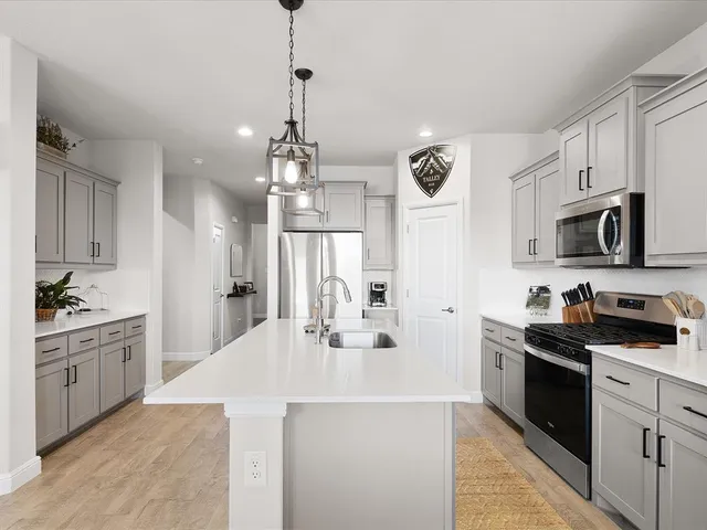 a kitchen with stainless steel appliances a sink stove and refrigerator