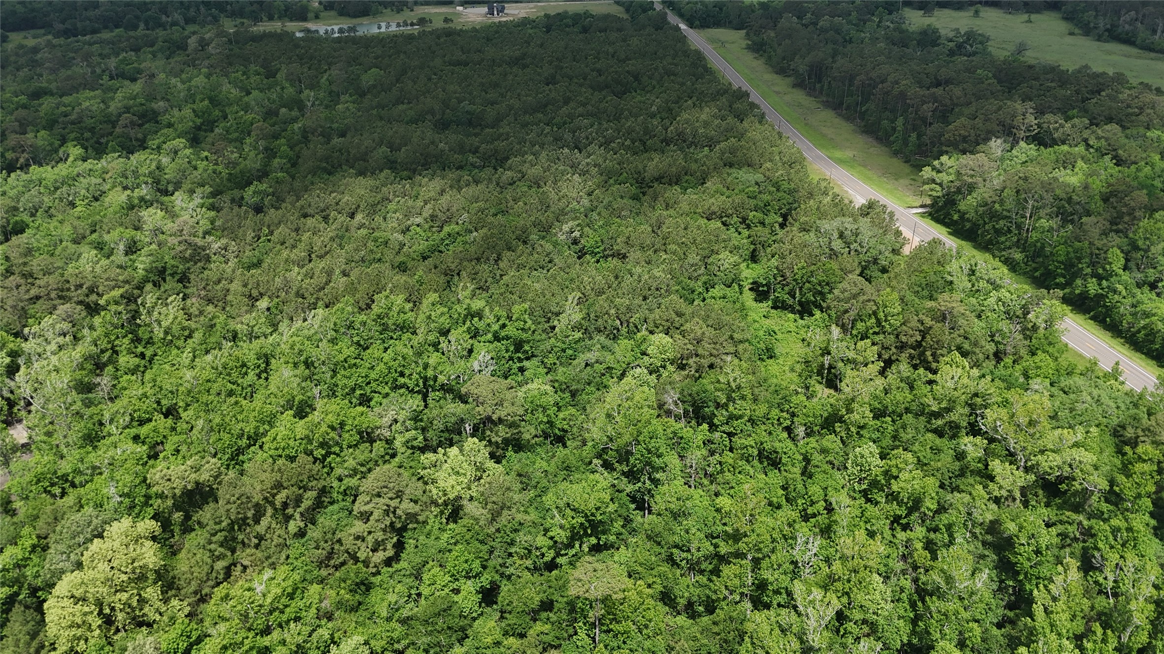 7644 Fm 562 Anahuac, TX 77514 - Photo 3 of 9 This aerial photo highlights the vast, lush forested area adjacent to a paved road, offering a serene and private setting ideal for nature lovers or those seeking a secluded property.