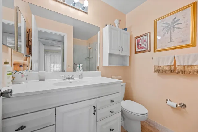 a bathroom with a sink mirror vanity and toilet