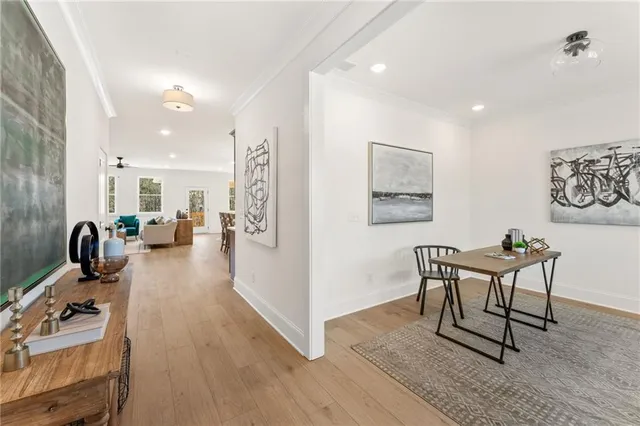 a view of a balcony with wooden floor