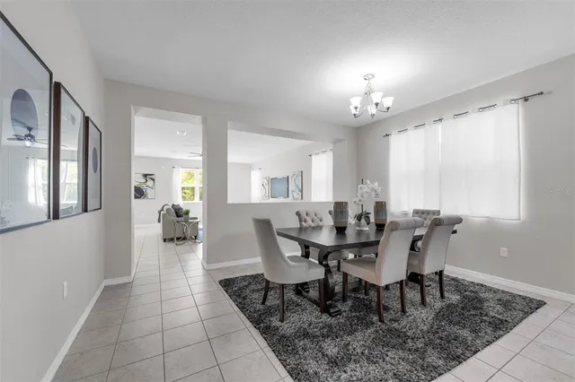 a view of a dining room with furniture and window