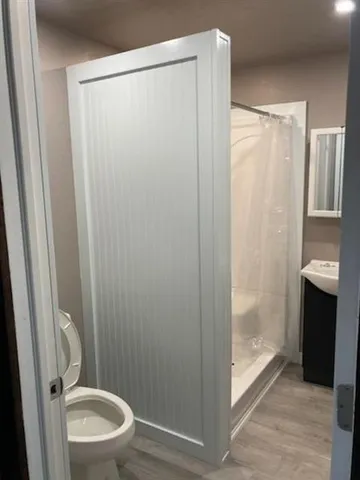 a bathroom with a shower and a toilet
