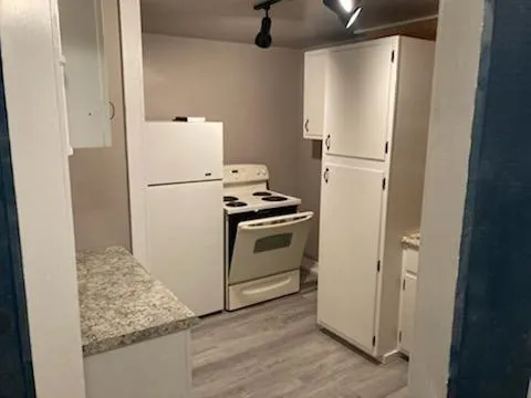 a white refrigerator freezer and a stove sitting inside of a kitchen