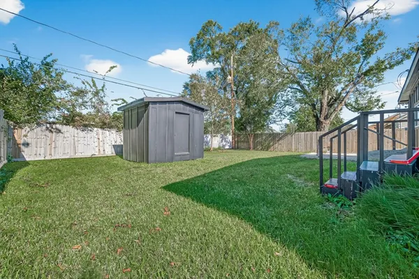 a view of a backyard with potted plants and large tree