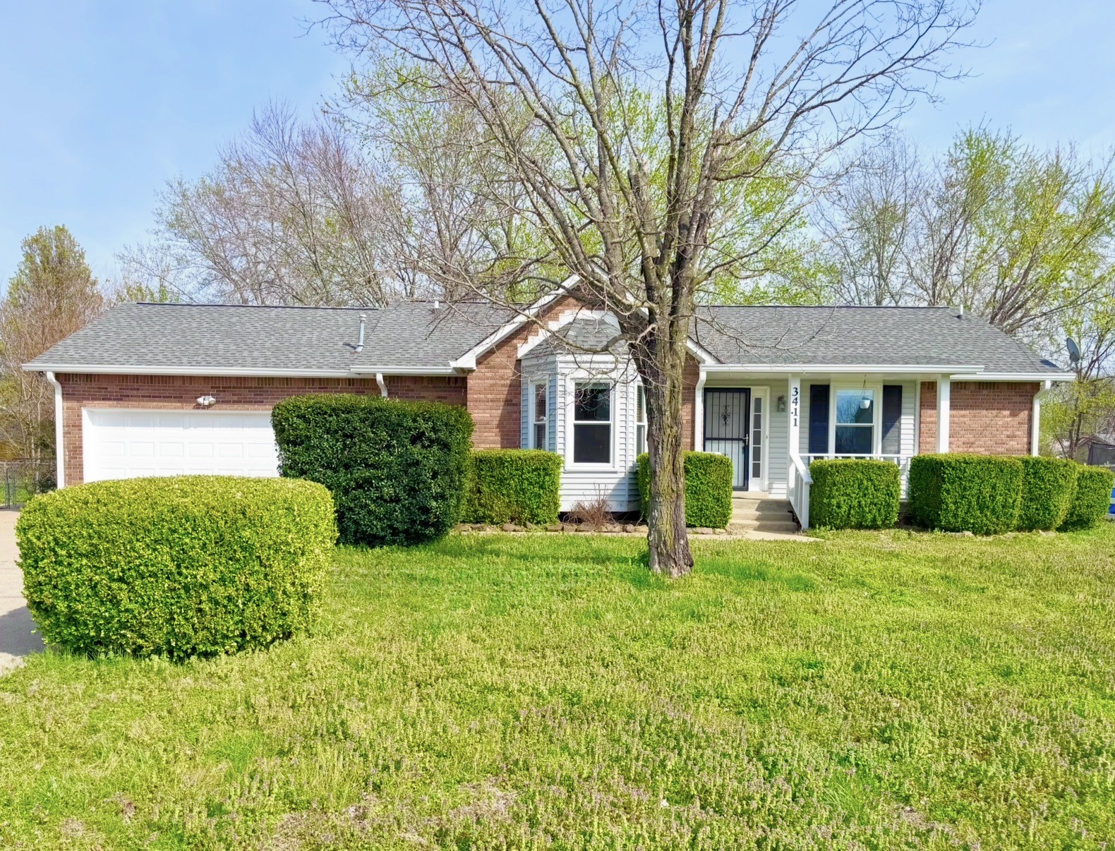 a front view of a house with yard and green space