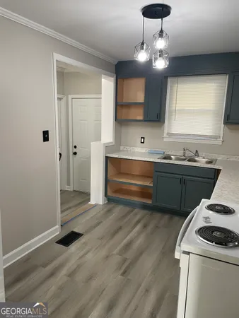 a kitchen with a sink appliances and cabinets