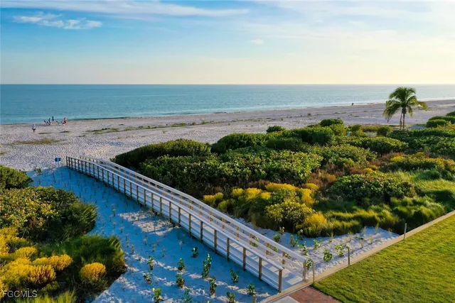a view of a garden with an outdoor seating