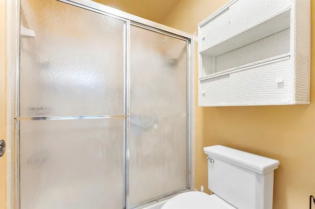 a bathroom with a shower and a toilet