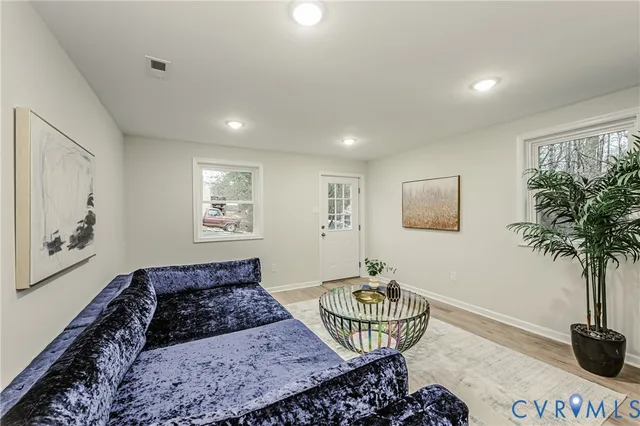 a living room with furniture and a potted plant