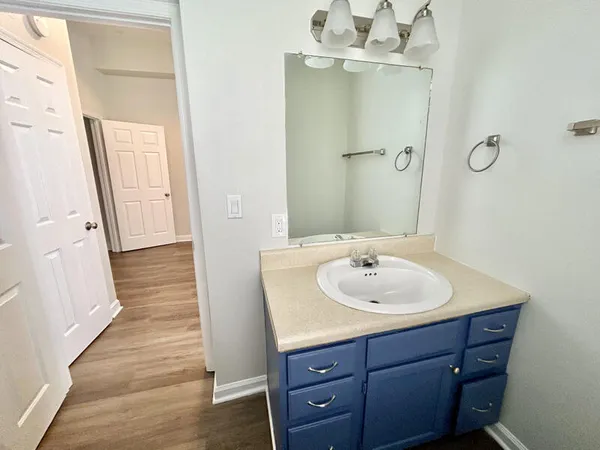 a bathroom with a sink a mirror and a shower